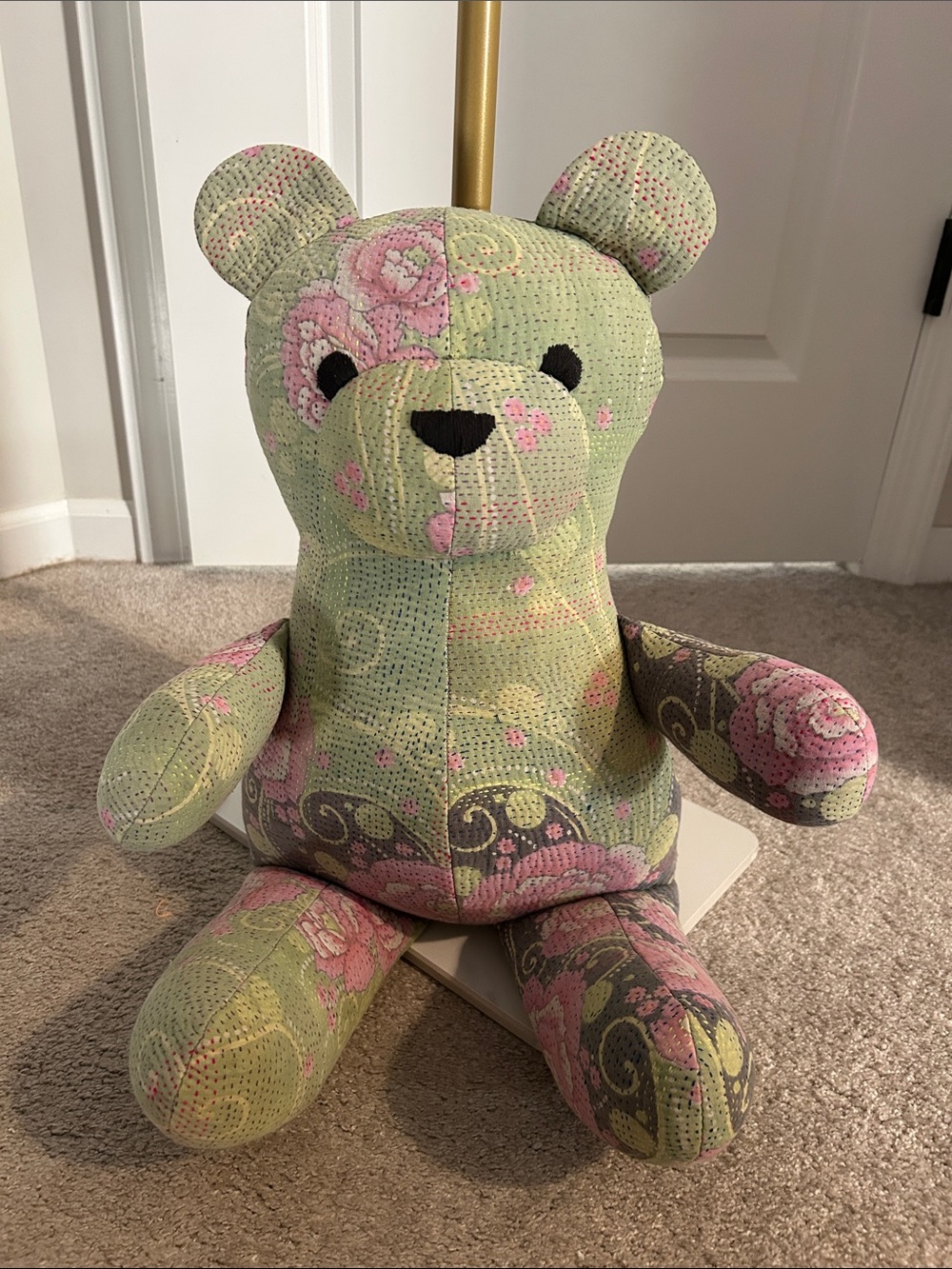 FP One Kantha Quilted Floral Patchwork Green and Pink Bear, 24 inches